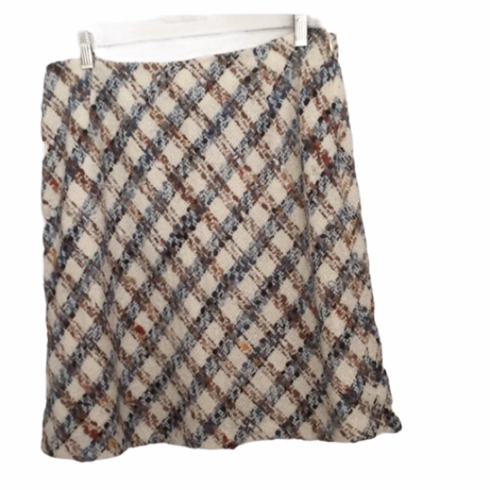 Talbots white blue tan woven Italian fabric plaid skirt